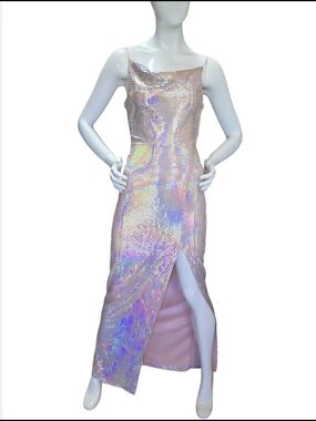 🏷️ NWT  -  B Darlin Iridescent Pink Sequin Slip Prom Gown with High Slit Sz 1/2